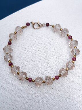 6.2" ish small petite bracelet champagne faceted crystal beaded peach red gold